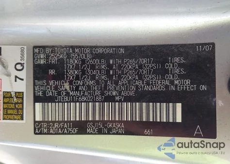 2008 Toyota Fj Cruiser from USA, damaged, VIN JTEBU11F68K021887